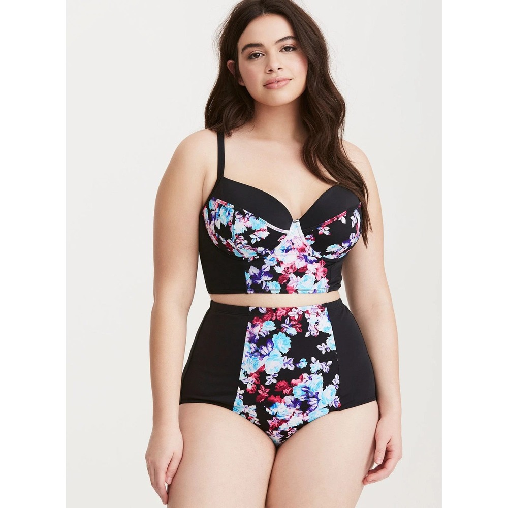 Torrid Floral Underwire Longline Bikini Top Black Multi Size 3 3X NWT 10734245